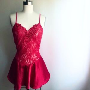 VINTAGE CHERRY RED LACE AND SATIN BALLERINA EMBELLISHED TEDDY